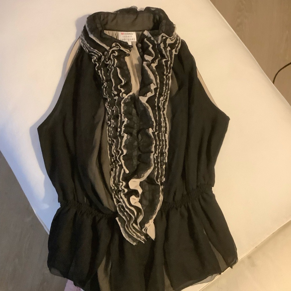 Robert Rodriguez Black Tan Sleeveless Ruffle Neck Peplum Blouse Top Shirt Chic M